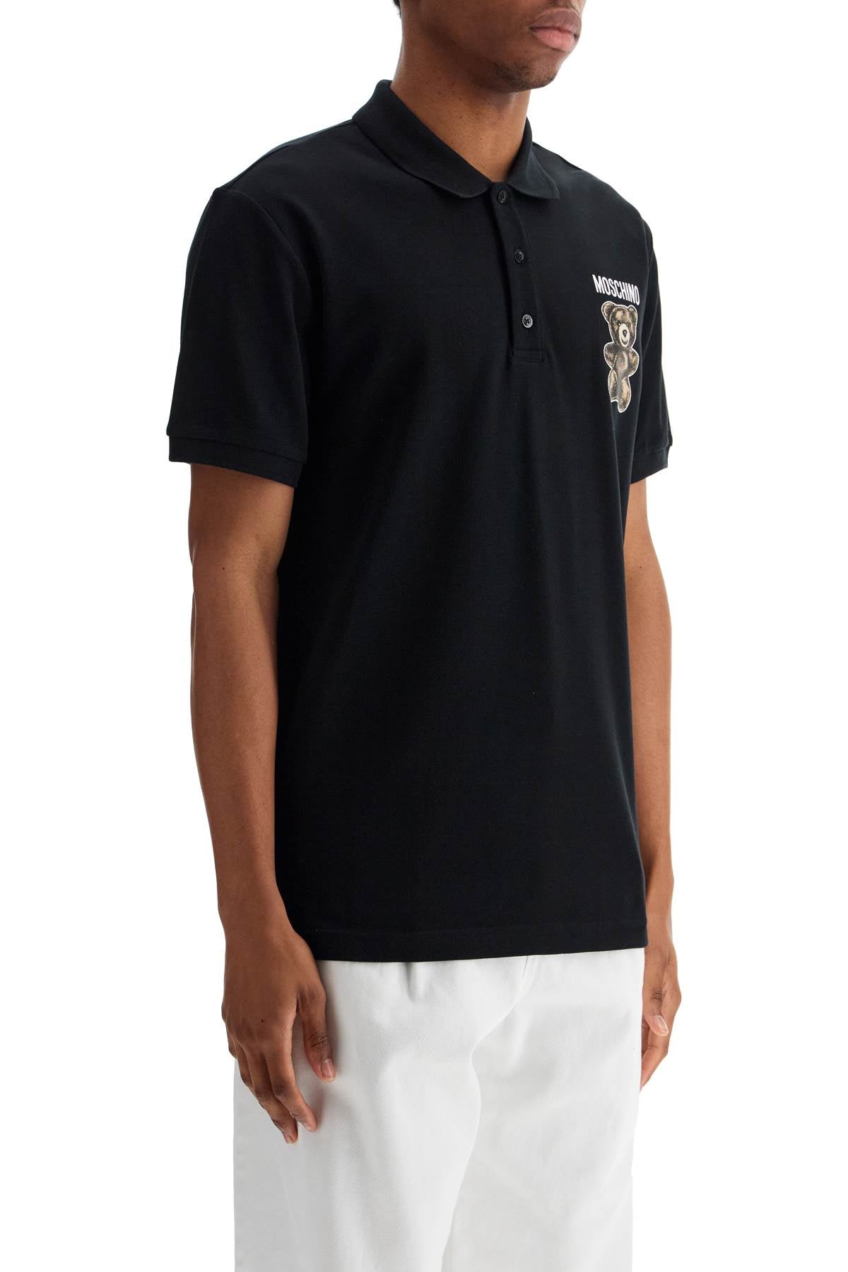 Black Cotton Polo With Bear Print  - Black