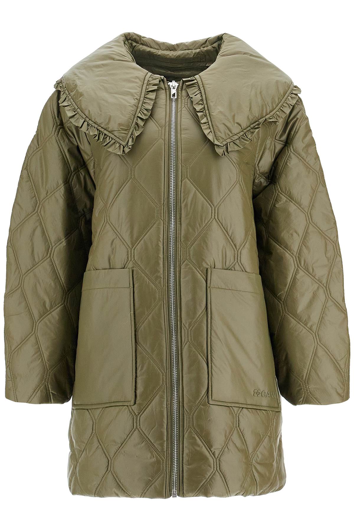 Lightweight Down Jacket With Oversized Collar  - Green