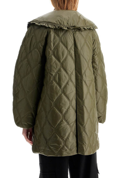 Lightweight Down Jacket With Oversized Collar  - Green