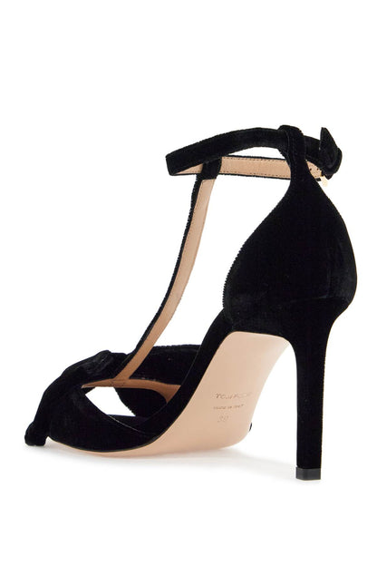 Black Medium Heeled Viscose Sandals With Golden Buckle  - Black