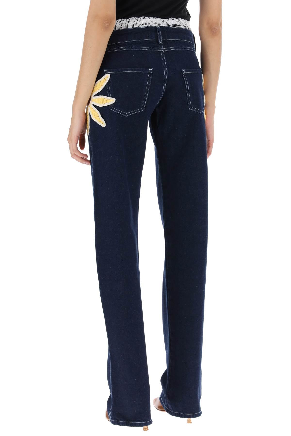 Low-rise Jeans With Crochet Flowers  - Blue