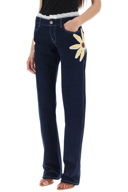 Low-rise Jeans With Crochet Flowers  - Blue