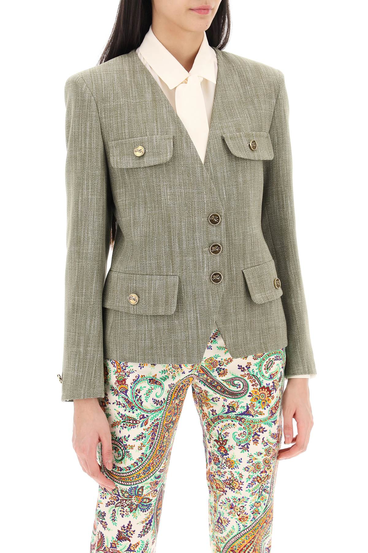 Fitted Jacket With Padded Shoulders  - Green