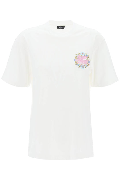 Floral Pegasus Embroidered T-shirt  - White