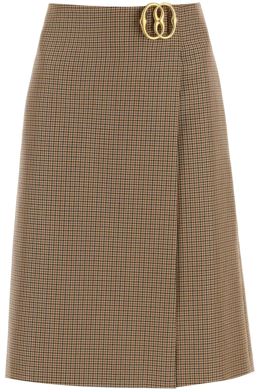 Houndstooth A-line Skirt With Emblem Buckle  - Beige