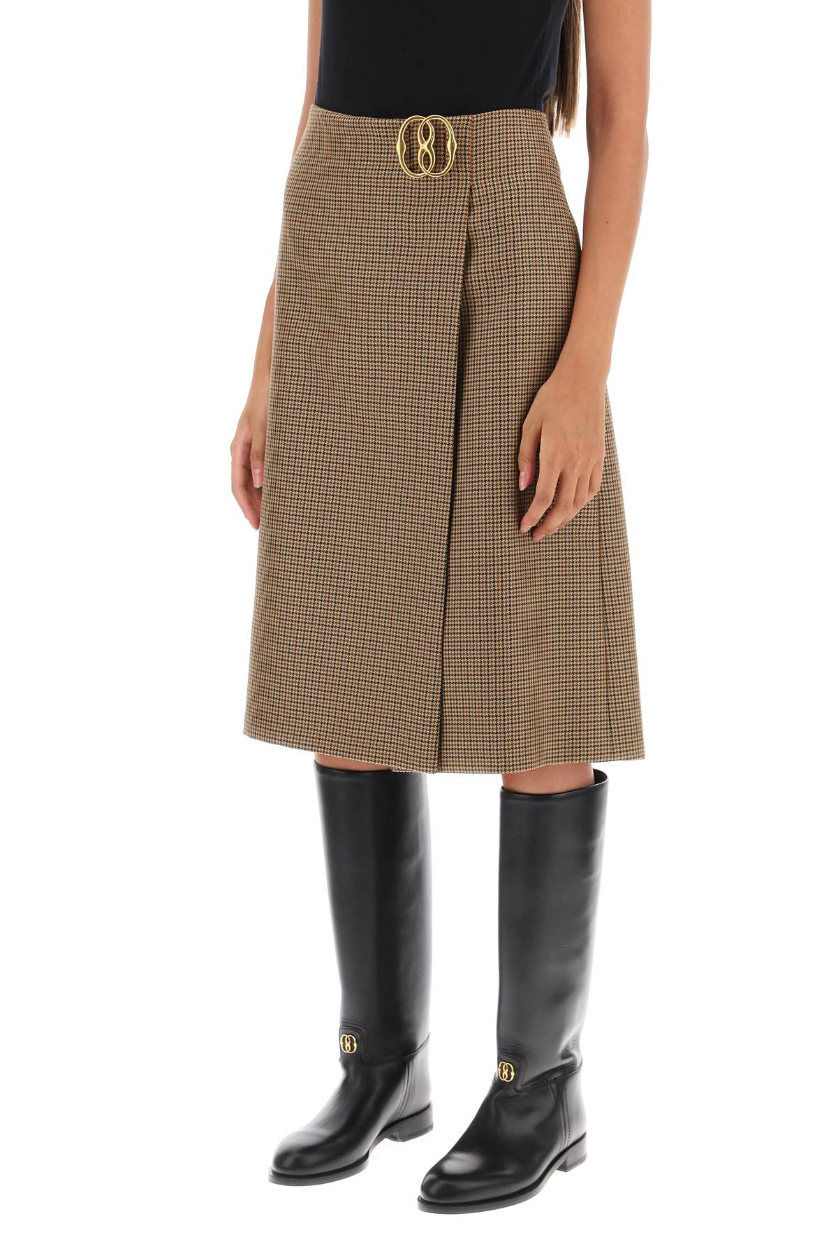 Houndstooth A-line Skirt With Emblem Buckle  - Beige