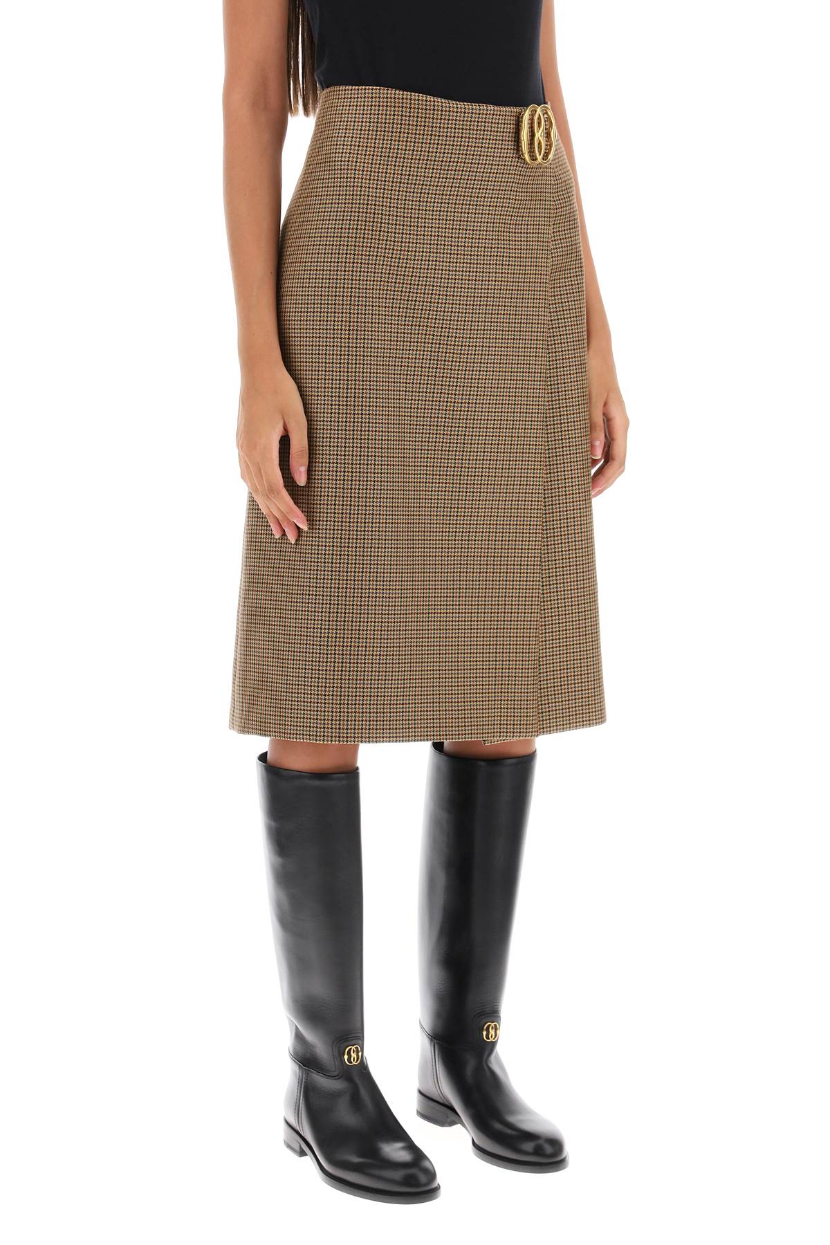 Houndstooth A-line Skirt With Emblem Buckle  - Beige