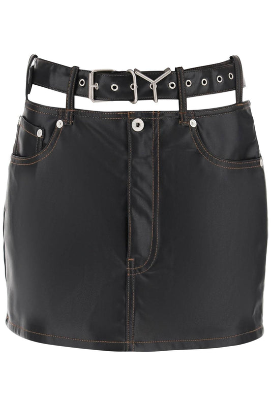 Y Belt Faux Leather Mini Skirt  - Nero