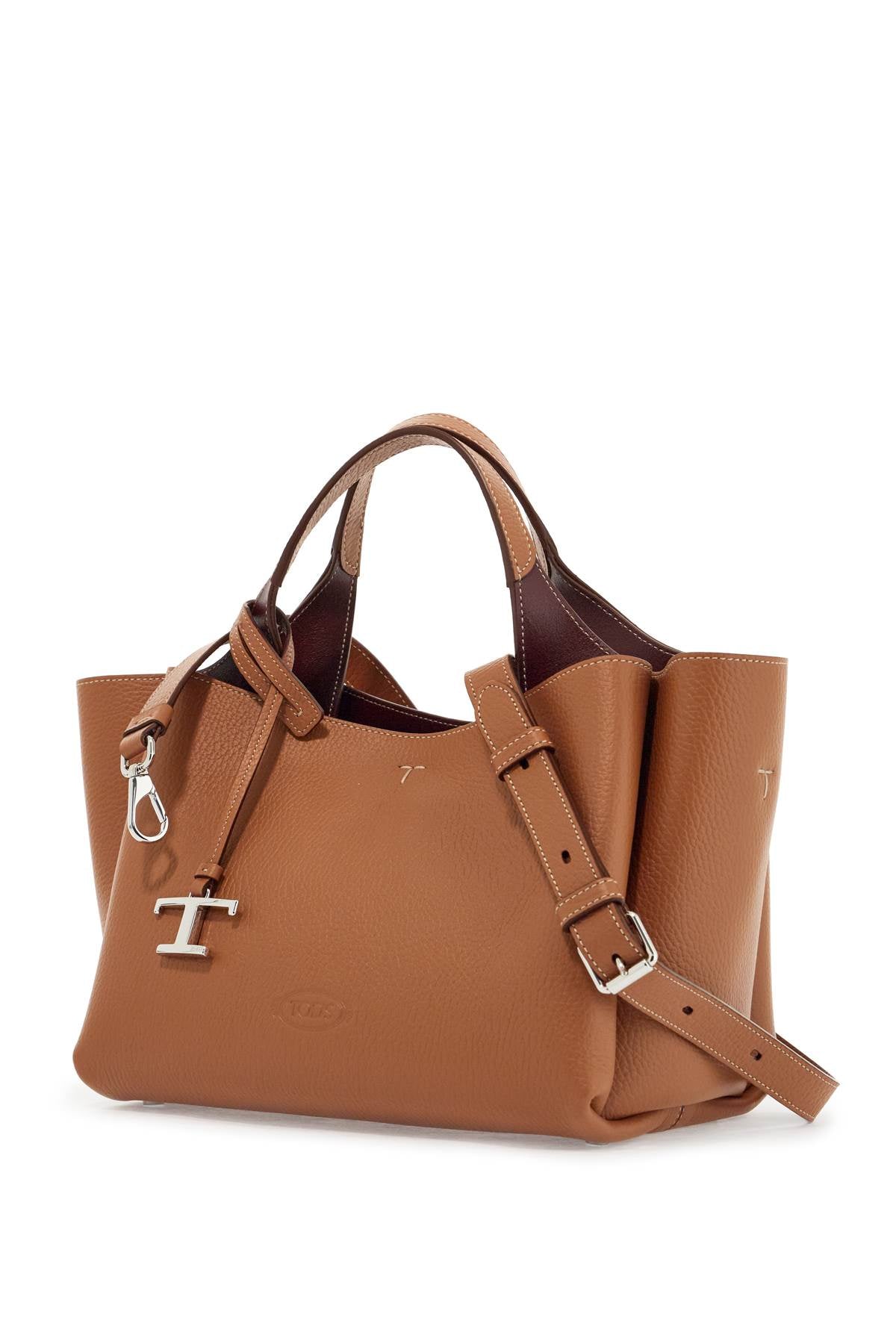 Light Brown Calfskin Mini Handbag With 2 Handles And Shoulder Strap  - Brown