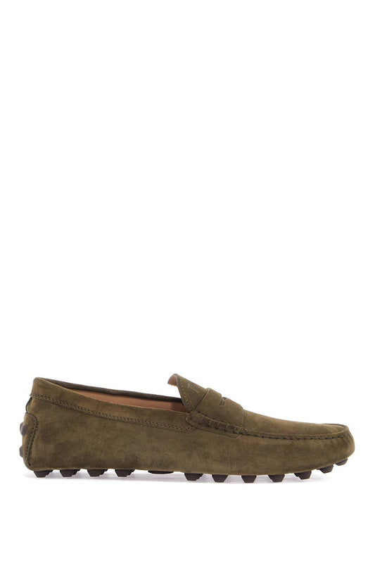 Olive Green Suede Loafers With Rubber Sole  - Green