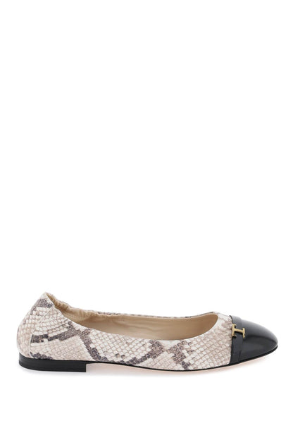 Snake-printed Leather Ballet Flats  - Black