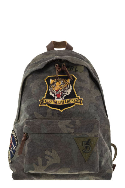 Camouflage canvas backpack with tiger