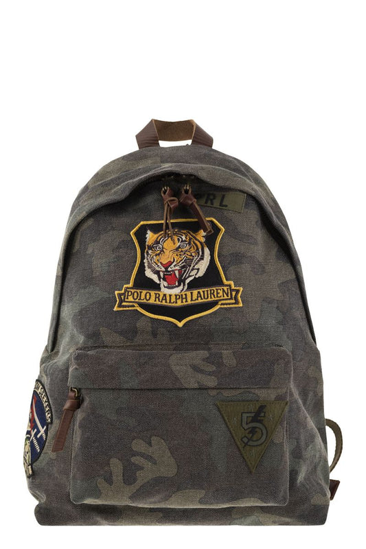 Camouflage canvas backpack with tiger