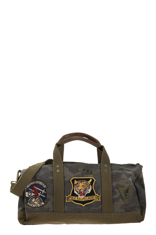 Camouflage canvas duffle bag with tiger