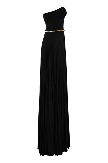 Pleated lurex jersey red carpet dress with belt