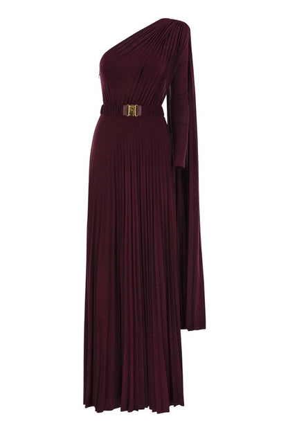 One-shoulder red carpet dress in pleated lurex jersey