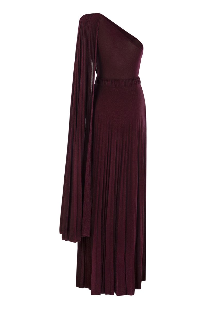 One-shoulder red carpet dress in pleated lurex jersey