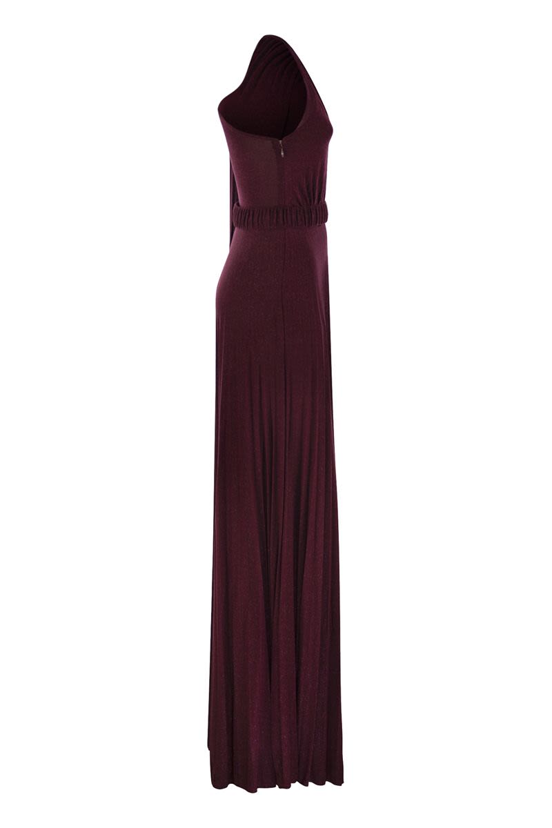 One-shoulder red carpet dress in pleated lurex jersey