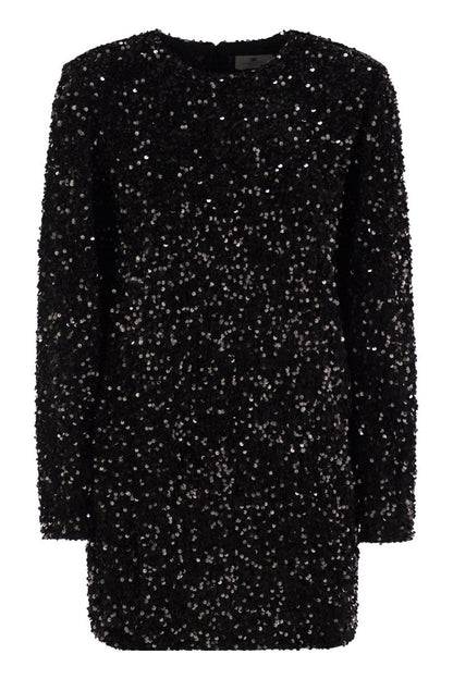 Embroidered boxy mini dress in chenille with sequins