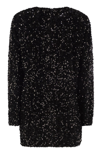 Embroidered boxy mini dress in chenille with sequins