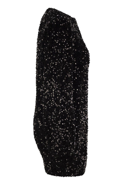 Embroidered boxy mini dress in chenille with sequins