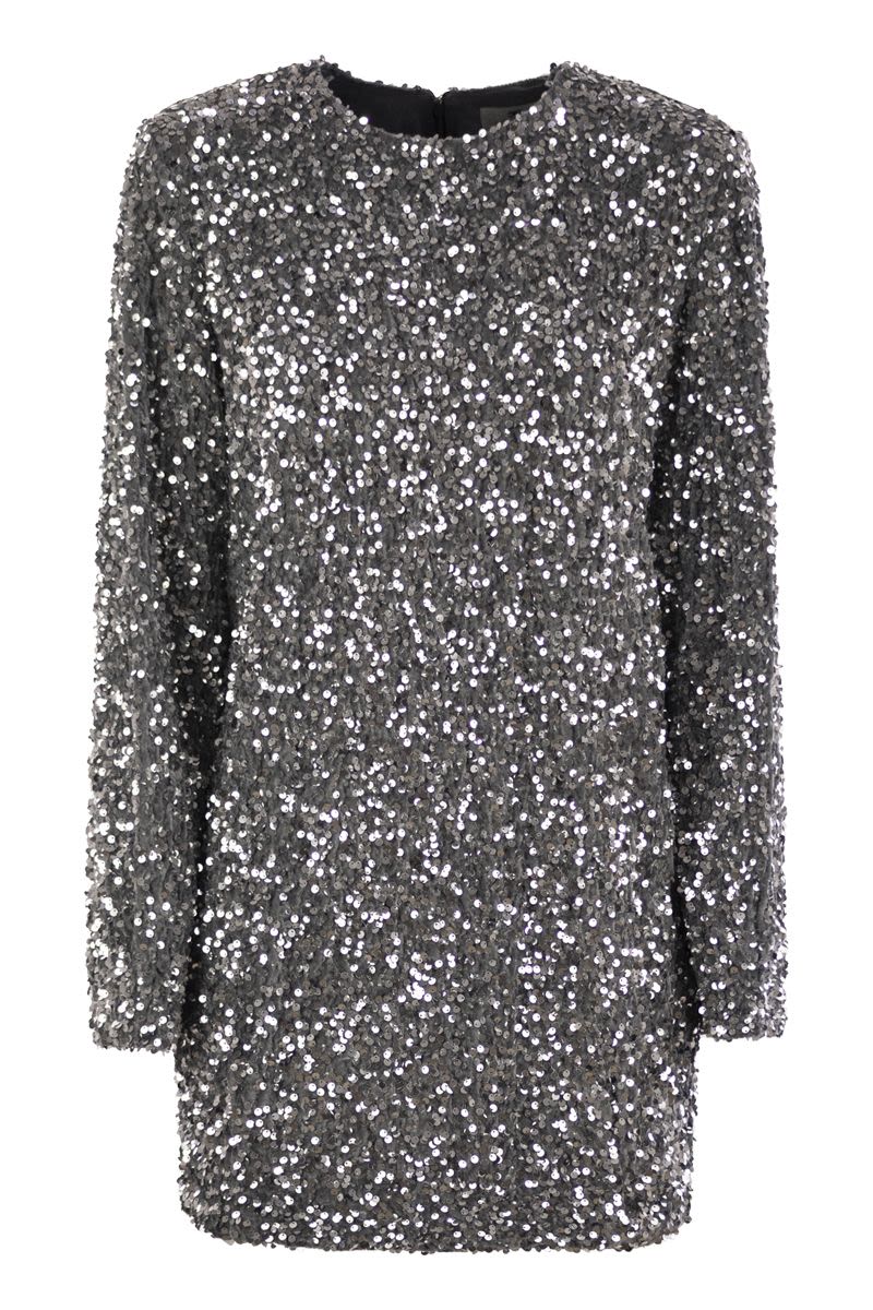 Embroidered boxy mini dress in chenille with sequins