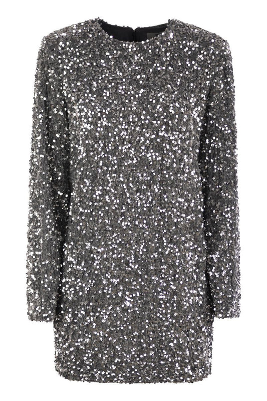 Embroidered boxy mini dress in chenille with sequins