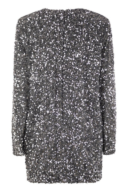 Embroidered boxy mini dress in chenille with sequins