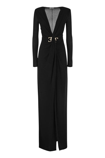 Red carpet dress in lurex jersey with knot and logo accessory