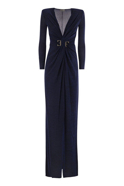 Red carpet dress in lurex jersey with knot and logo accessory