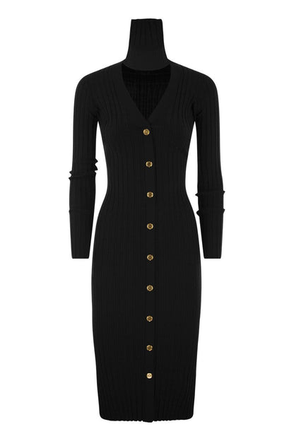 Ribbed viscose midi dresses with button placket