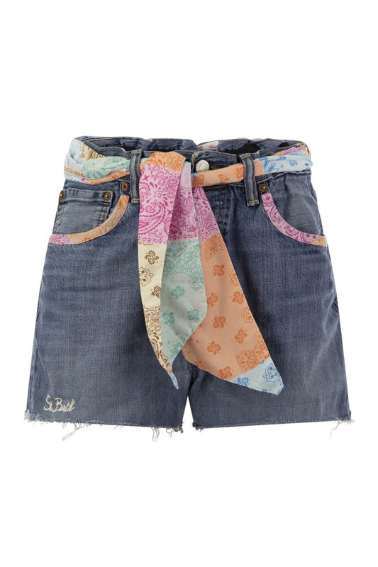 Denim shorts with belt and patches