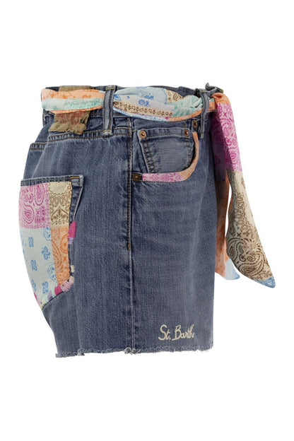 Denim shorts with belt and patches