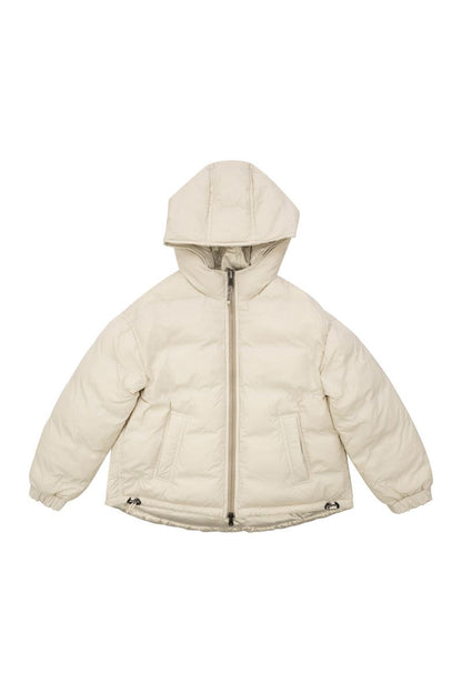 Reversible down jacket in sparkling canvas with hood and necklace