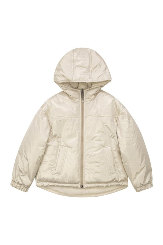 Reversible down jacket in sparkling canvas with hood and necklace