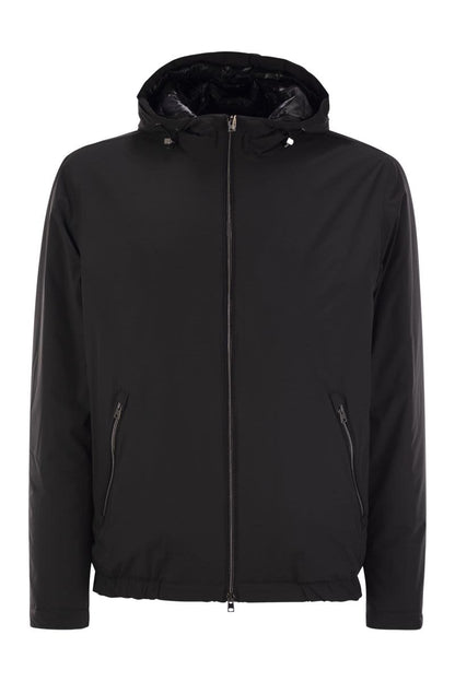 Technical fabric bomber jacket with hood