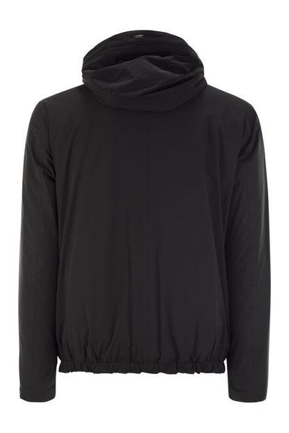 Technical fabric bomber jacket with hood