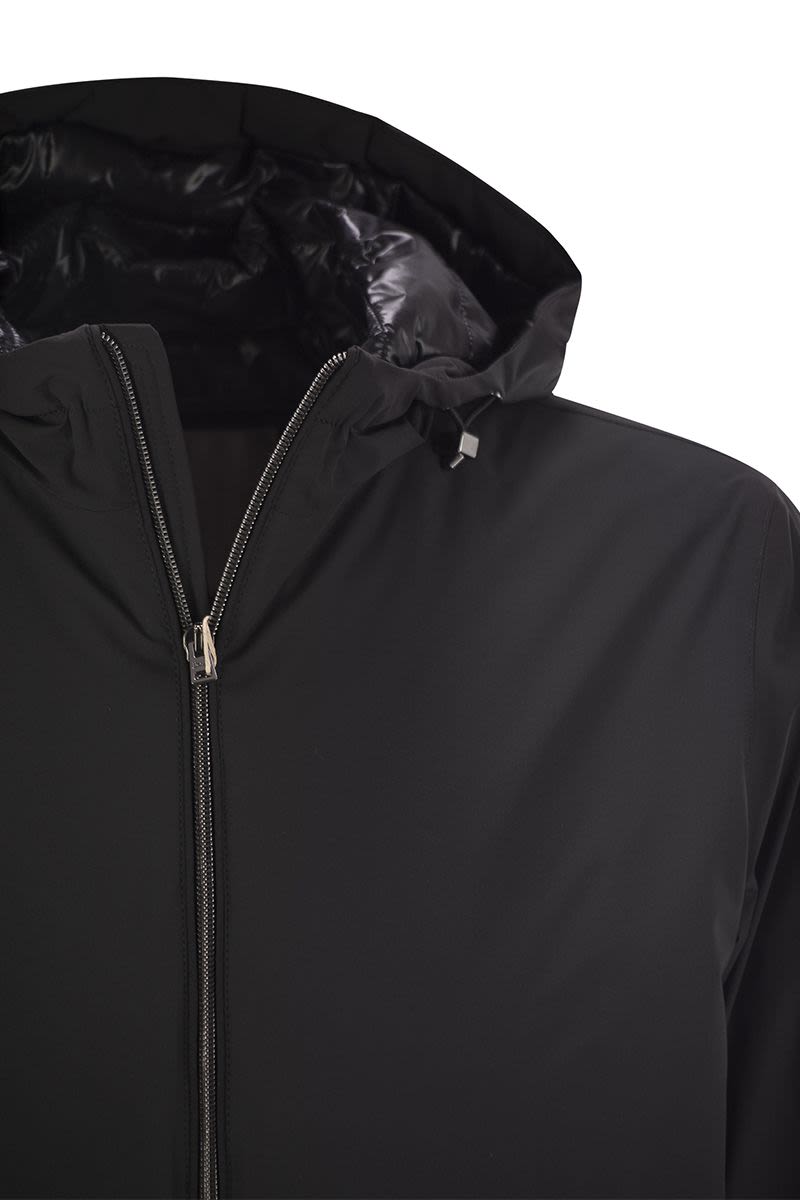 Technical fabric bomber jacket with hood