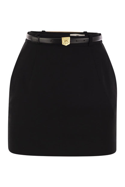 Crepe miniskirt with belt and embroidery