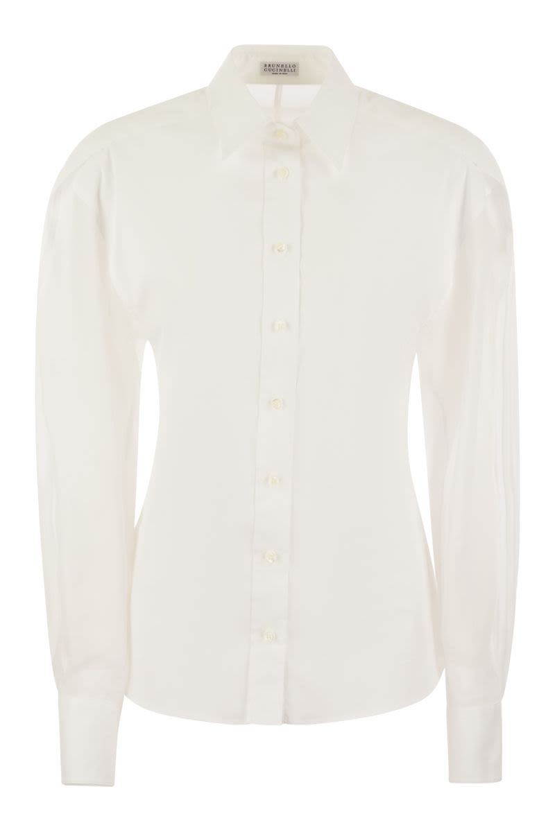 Stretch cotton poplin shirt with cotton organza sleeves and necklace