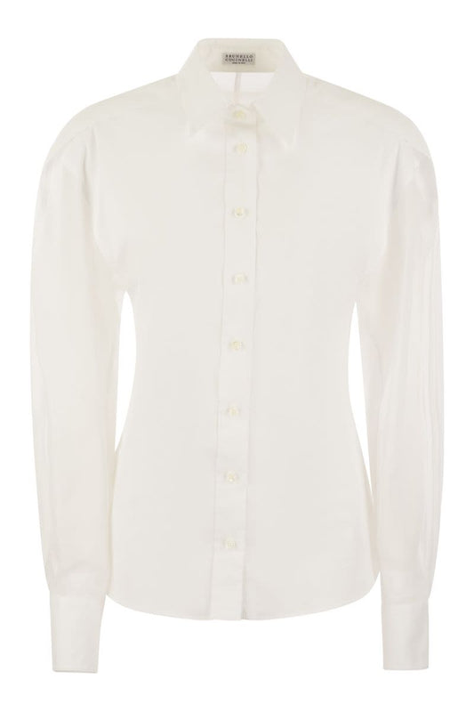 Stretch cotton poplin shirt with cotton organza sleeves and necklace