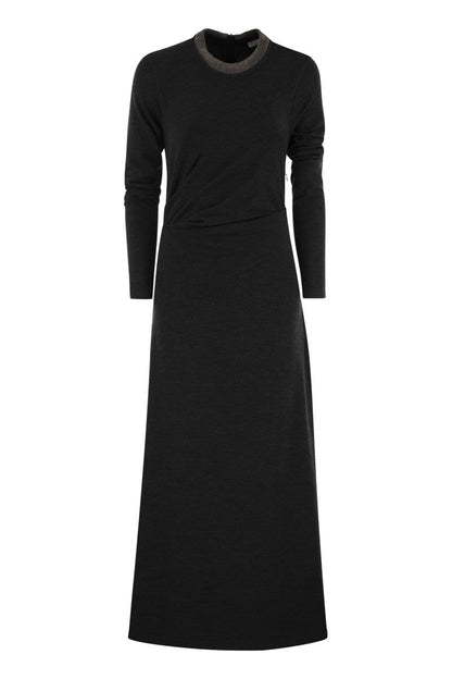 Draped dress in stretch virgin wool jersey with precious collar