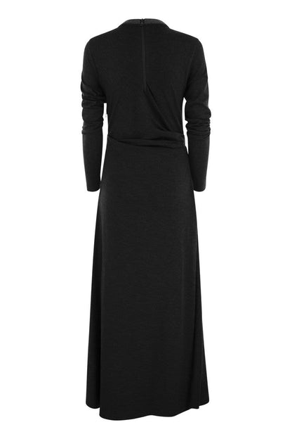 Draped dress in stretch virgin wool jersey with precious collar