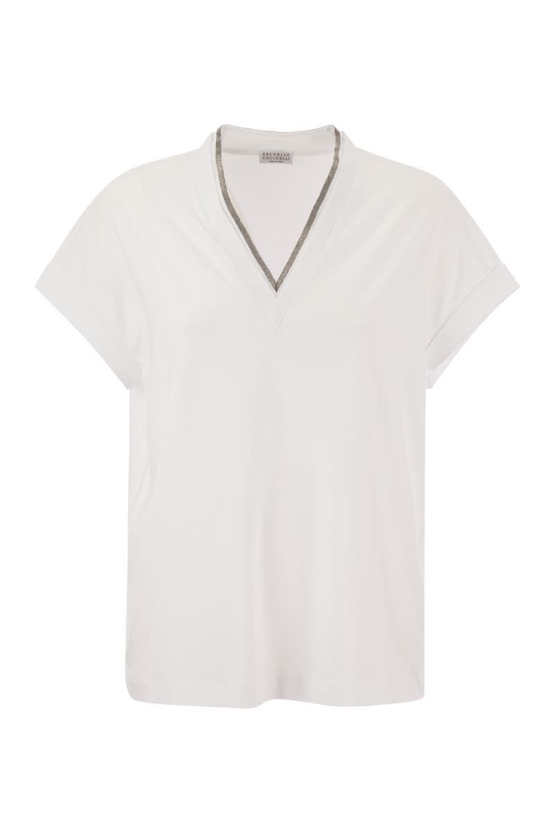 Stretch cotton jersey T-shirt with precious neckline