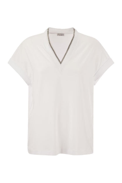 Stretch cotton jersey T-shirt with precious neckline