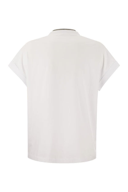 Stretch cotton jersey T-shirt with precious neckline