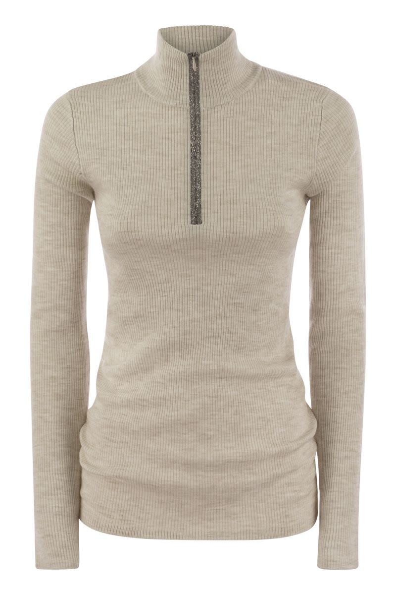 Lightweight ribbed virgin wool and cashmere sweater with Precious Half Zip