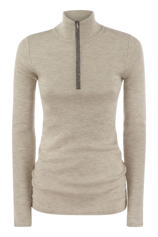 Lightweight ribbed virgin wool and cashmere sweater with Precious Half Zip