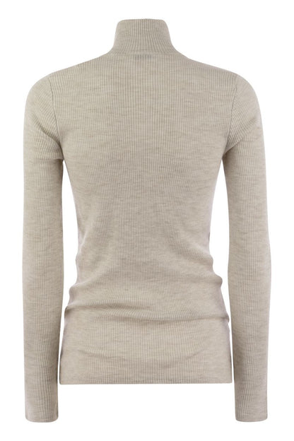 Lightweight ribbed virgin wool and cashmere sweater with Precious Half Zip