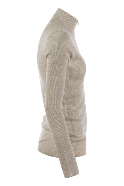 Lightweight ribbed virgin wool and cashmere sweater with Precious Half Zip